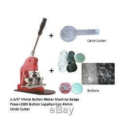 1-3/4 44mm Button Maker Machine Badge Press+1000 Buttons+1pc 44mm Circle Cutter