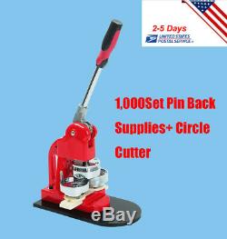 Button Maker Badge Press Machine +1,000Set Pin Back Supplies+ Circle Cutter US