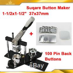 KIT! 1-1/2x1-1/2 37x37mm Square Badge Button Maker+100 Metal Pin Back Supplies