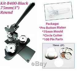 (kit) 75mm (3) Machine Pro Badge Bouton Maker-b400black + Mould + + 100 Parties Cir